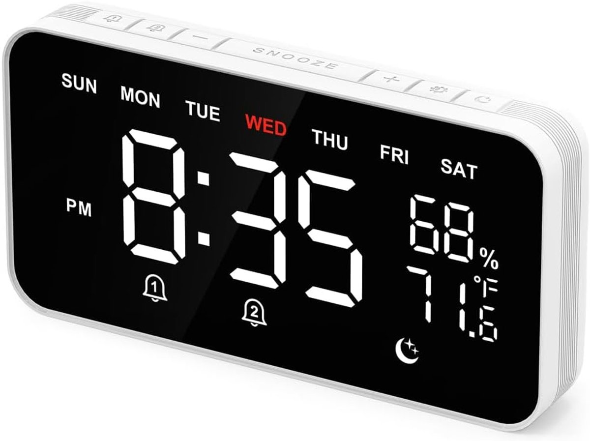 Digitale Wekker - Luide Alarmklok - Wakker Worden - Temperatuur Vochtigheid - Groot Display - Wit