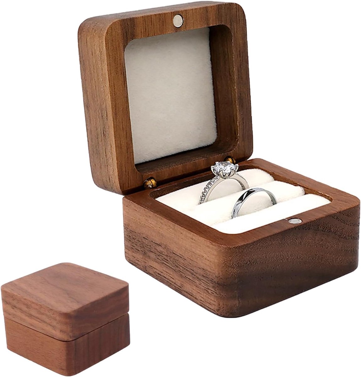 Houten Ring Doos - Bruiloft Accessoire - Huwelijksceremonie - Twee Ring Sleuven - 5.5 cm - Bruin