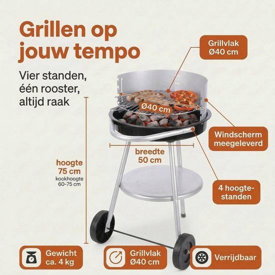 Lomera Houtskoolbarbecue - Houtskool BBQ - Barbecue op Wielen - Ronde Barbecue - Barbecue met Deksel - Verrijdbare Barbecue - Barbecue met Rooster - Verstelbaar Grillrooster - Halfronde Barbecue van Lomera — afbeelding 5
