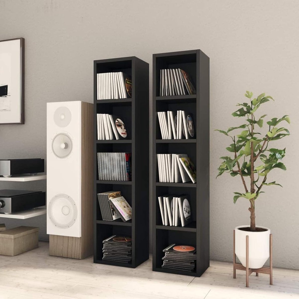 Cd Kasten - Media Opslag - Wandmontage - 5 Ruime Vakken - 2 stuks 935 cm - Zwart