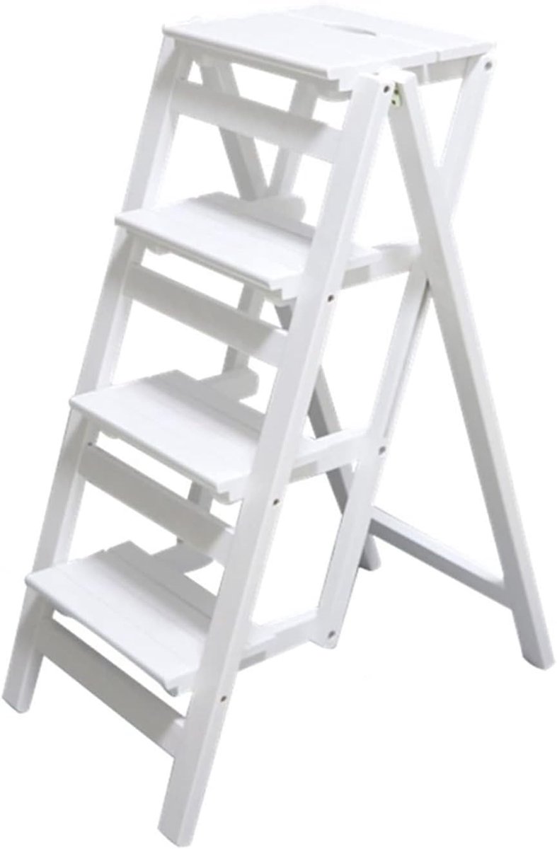 Houten Ladderkruk - Opstap Stoel - Keuken Kantoor - Opvouwbaar Stevig - 4 Treden - Wit