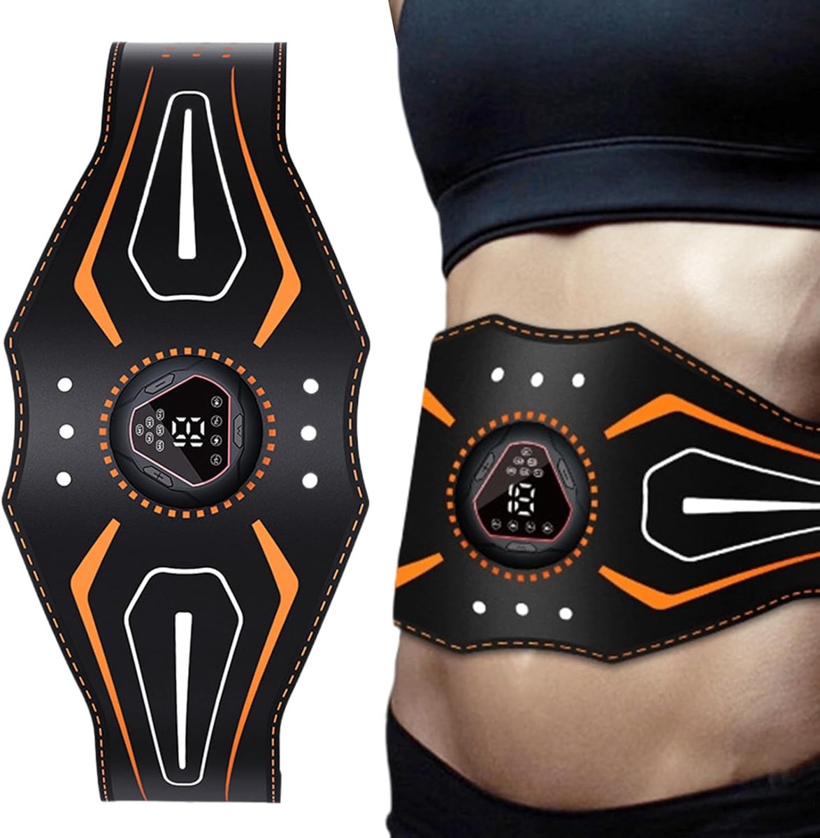 Buikspieren Trainer - Spierstimulator Fitnessapparaat - Thuis Fitness - Digitaal Display - 118x14x2cm - Zwart Oranje Wit