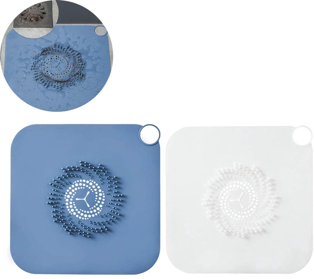 2 stuks Silicone afvoerstop - Gootsteenzeef - Drain Hair Catcher - Gootsteenstop - Anti-haar afvoer stop - Gootsteen zeef - Haarvanger - Afvoerplug - afvoerplug - doucheput - Anti Verstopping - 28x28 cm - Blauw en wit