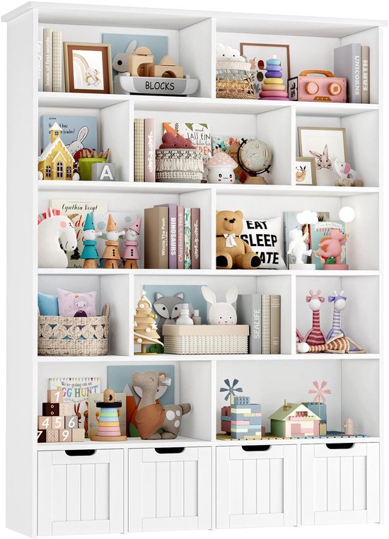 Solayne Boekenkast - Armoire de rangement - Organisateur - Étagère à livres - Armoire à cases - Armoire à jouets - Kinderboekenkast - 125,5x33x175 cm - Wit