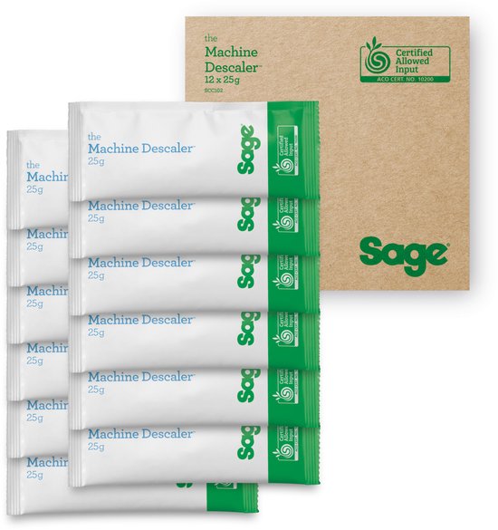 Twaalf verpakkingen Sage Machine Descaler van 25g naast een bruine doos met Sage logo.