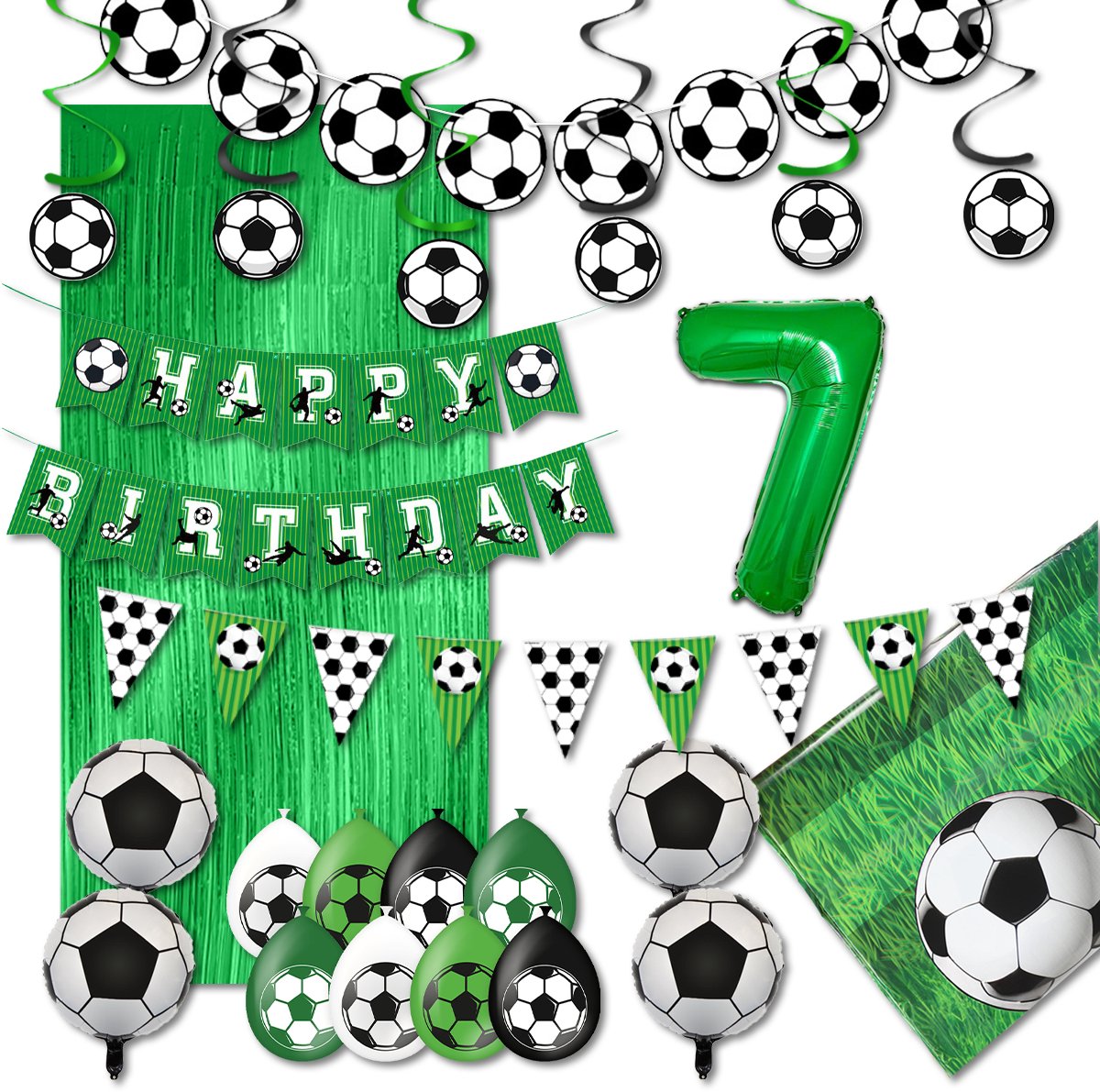 LUQ – Verjaardag 7 Jaar Voetbal Set – Groen-Zwart-Wit – Kinderfeest Football Decoratie – Birthday Versiering Pakket