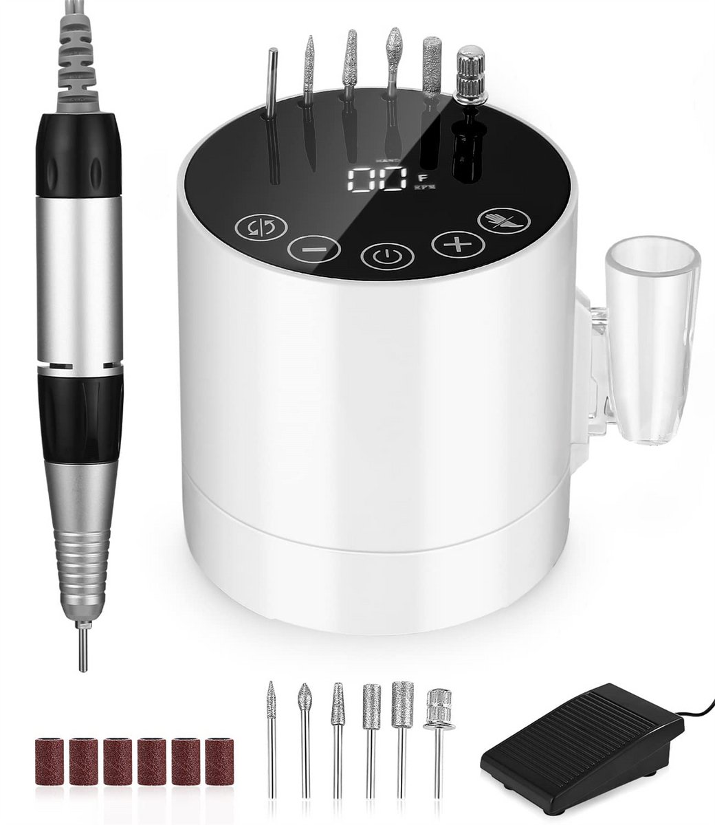 longziming -Elektrische Nagelfrees 35.000 t/min – Professionele Nagelboor met LCD Display & Voetpedaal – Manicure Pedicure Set met Freesbits – Wit