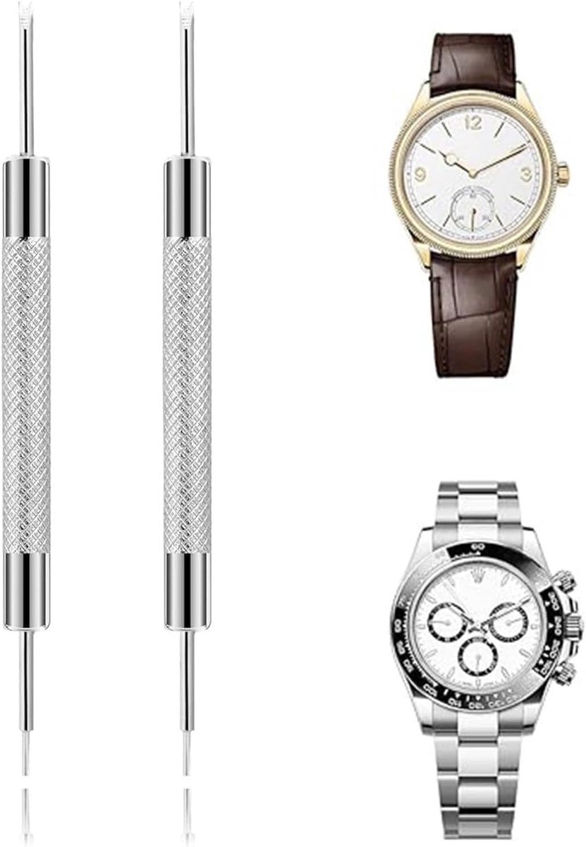 2-delige roestvrijstalen horlogegereedschapset met minischroevendraaier, geschikt voor het repareren van horloges en elektronica, en voor het vervangen van een horlogebandje.