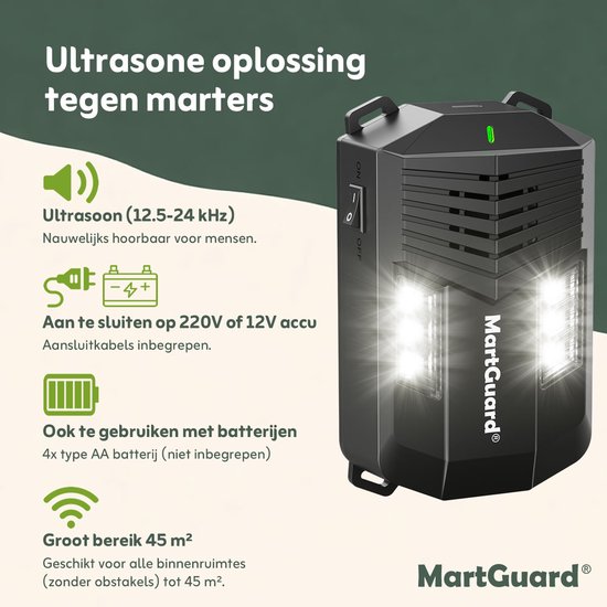 MartGuard ultrasone verjager, ultrasoon (12.5-24 kHz), aan te sluiten op 220V of 12V accu.