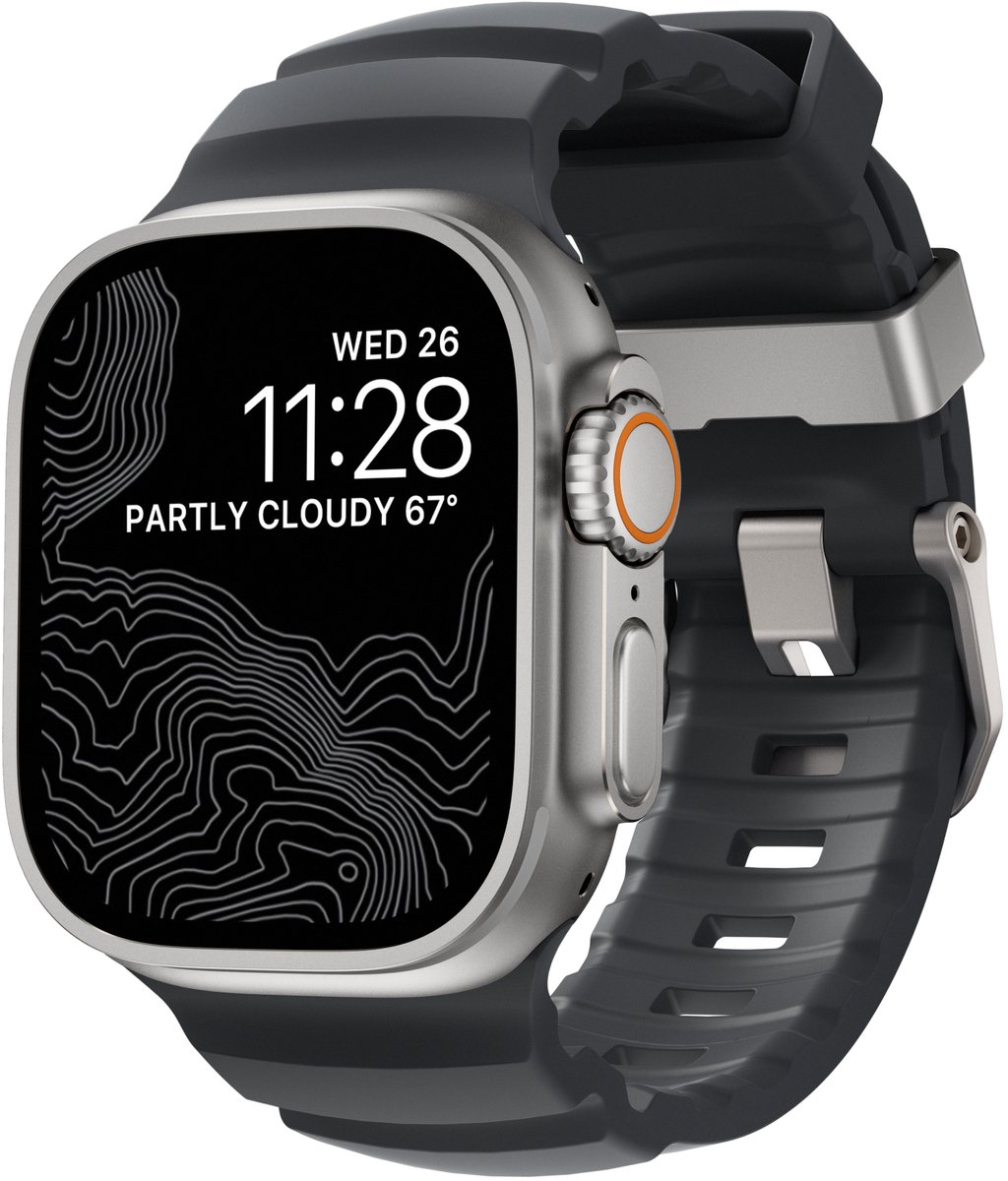 Nomad Rocky Point Horlogeband / Natural Hardware 45/46/49mm – Gemaakt van Duurzaam FKM Fluorelastomeer – Waterbestendig en Ventilatiegroeven – Compatibel met Alle Apple Watch Modellen - Grijs