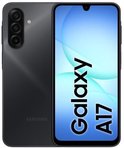 Zwarte Samsung Galaxy A17 smartphone, achterkant met drie camera's, voorkant met scherm.