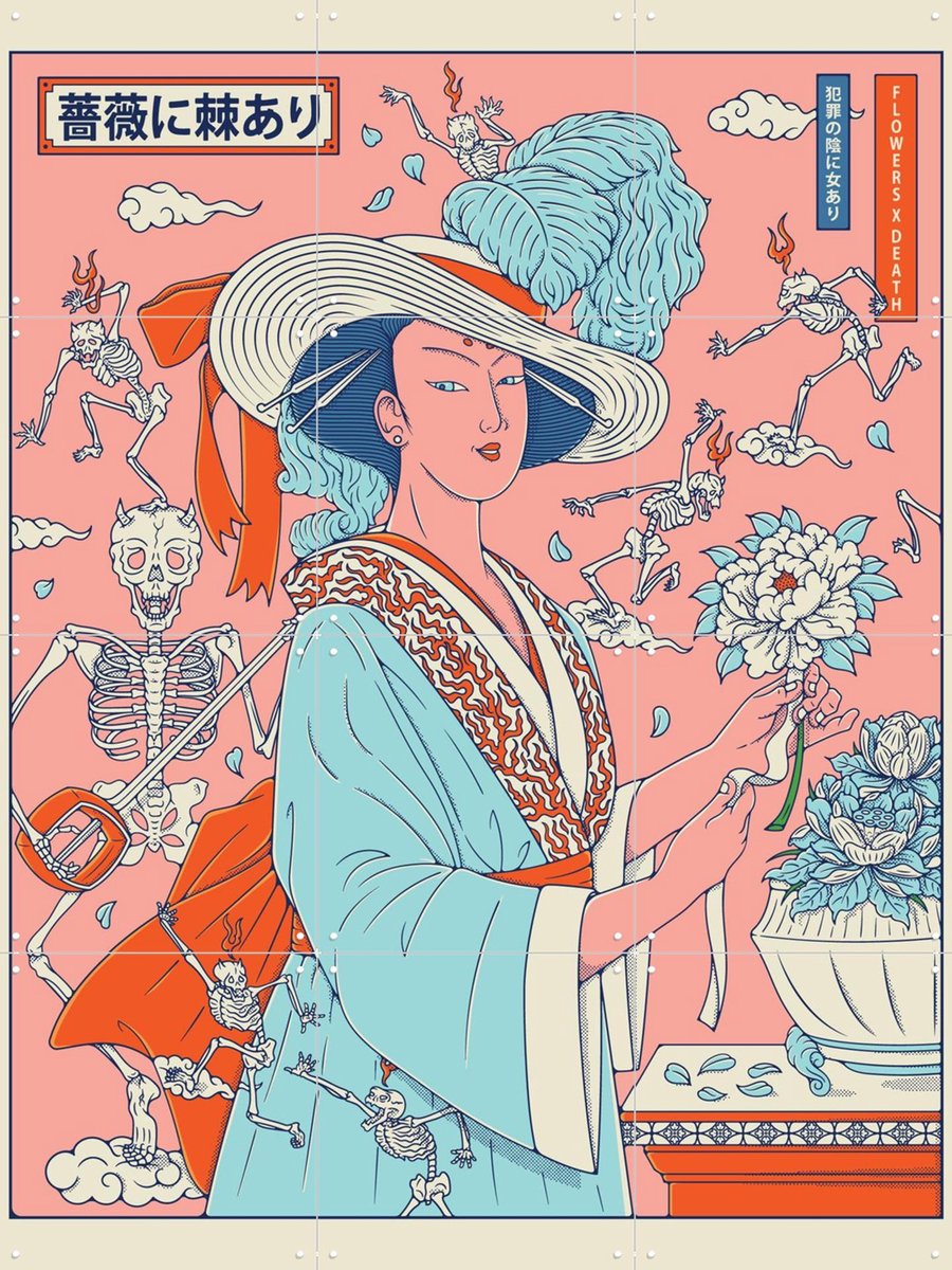 IXXI Flowers x Death, Ryan Ragnini - 60 x 80 cm - Gratis ophangtool - Grote wanddecoratie en posters - Speels, Digitale Kunst, Ukiyo-e, Grafisch