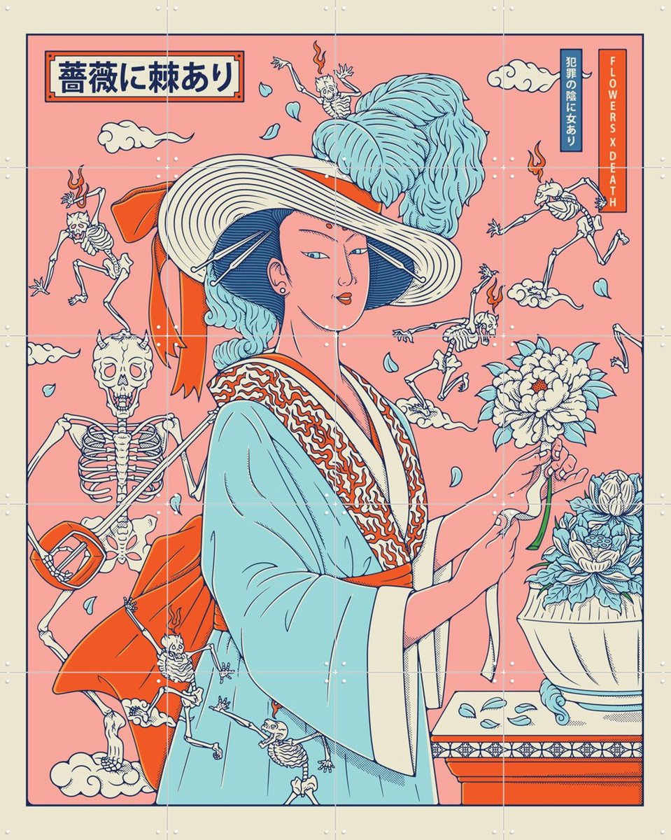 IXXI Flowers x Death, Ryan Ragnini - 80 x 100 cm - Gratis ophangtool - Grote wanddecoratie en posters - Speels, Digitale Kunst, Ukiyo-e, Grafisch