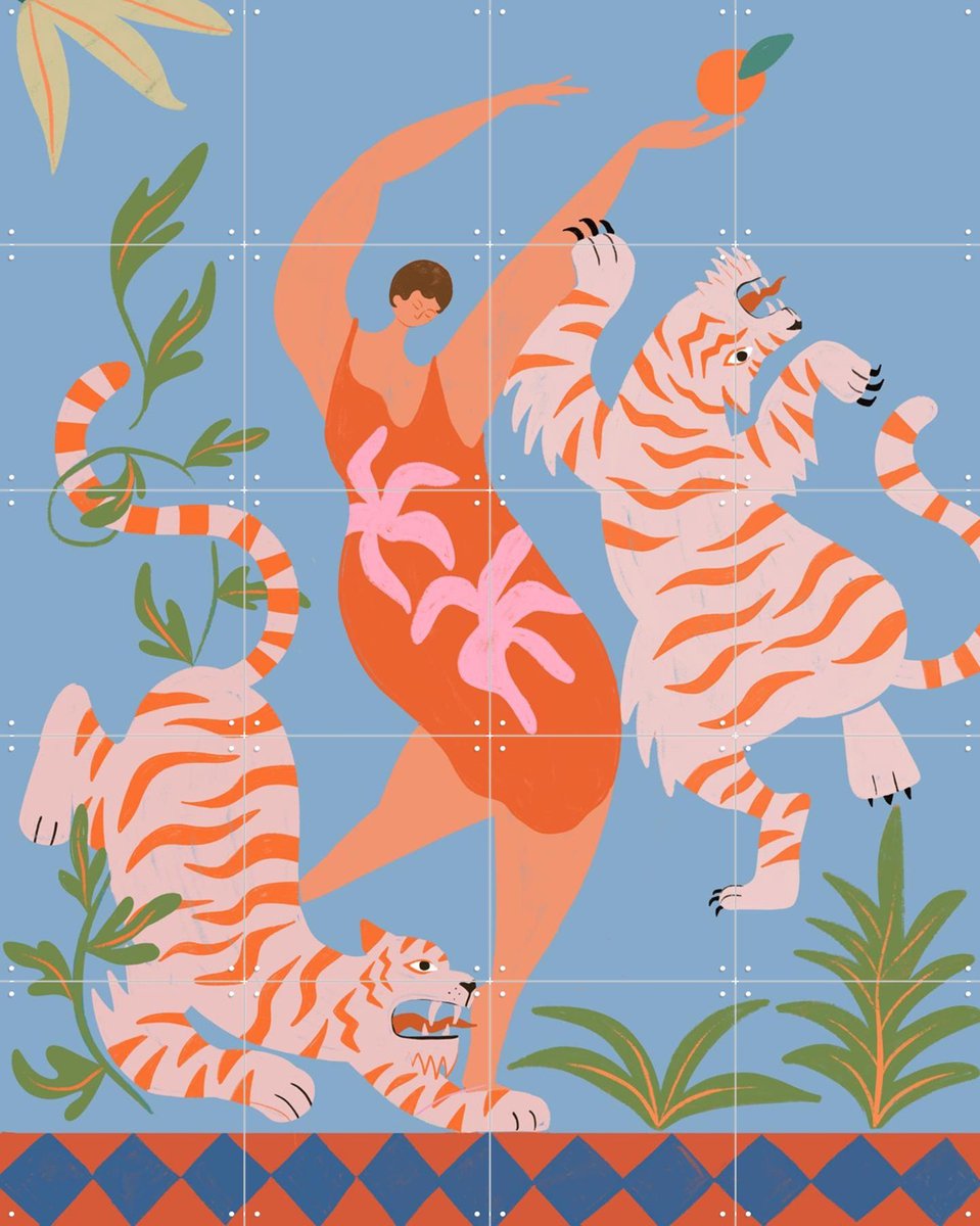IXXI Dancing with Tiger, Arty Guava - 80 x 100 cm - Gratis ophangtool - Grote wanddecoratie en posters - Speels, Kleurrijk, Cartoonesk, Illustraties