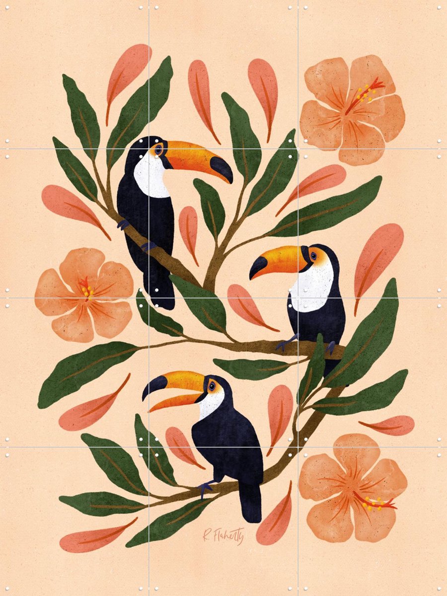 IXXI Toucans in the Hibiscus, Rebecca Flaherty - 60 x 80 cm - Gratis ophangtool - Grote wanddecoratie en posters - Kleurrijk, Speels, Illustraties