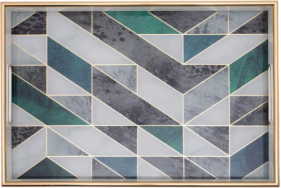 Wit dienblad met gouden rand en geometrisch marmerpatroon in groen, grijs en wit.