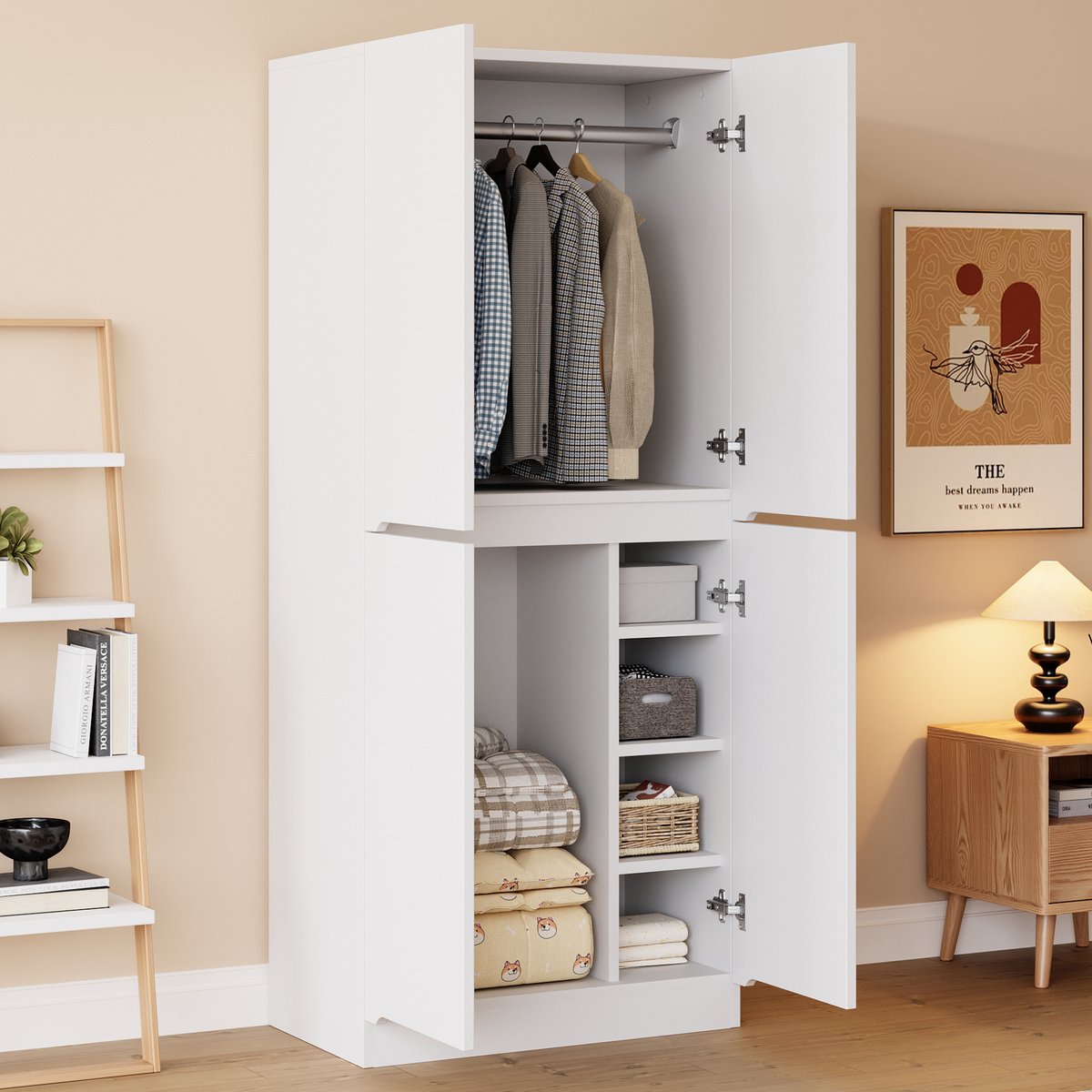 STILVORA Kledingkast - Dubbele Deur Met Hanggedeelte En Opbergvakken - Voor Slaapkamer En Hal - Hout - Wit - 70x40x170 Cm
