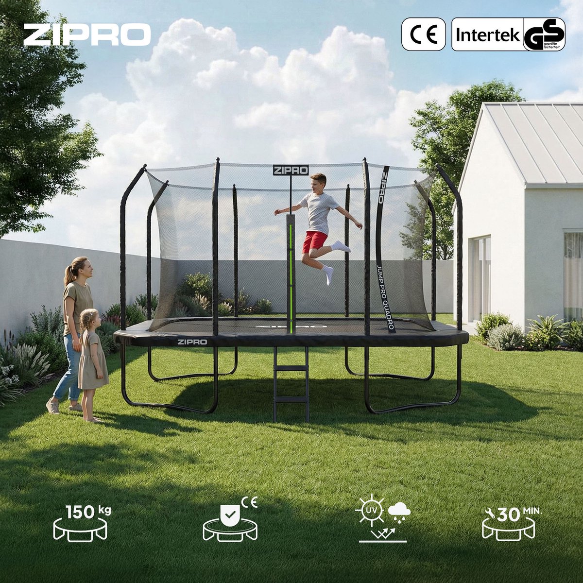 ZIPRO® JumpPro Quadro 8x12FT - Tuintrampoline - 366x244 cm - Met ladder - Max. belasting 150 kg - Dubbele sluiting - Veerbeveiliging - CROSS-SECTION-systeem - Zwart — afbeelding 6