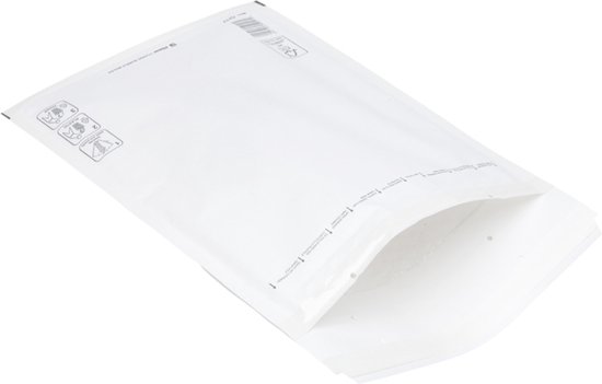 Witte, open luchtkussenenvelop, met aanwijzingen voor recyclen.