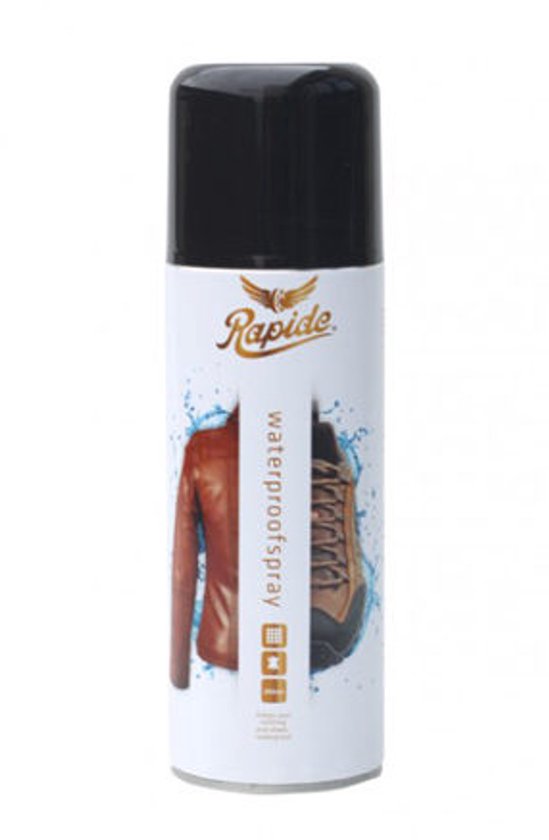 Rapide waterdichte spray met afbeeldingen van een bruine leren jas en wandelschoen.