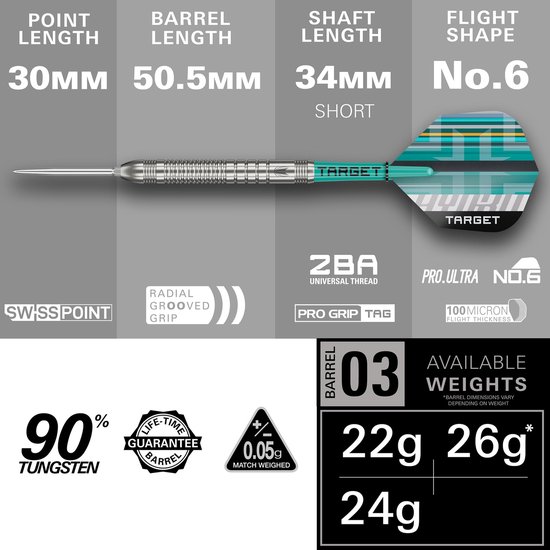 Target Darts Hydro Steel Tip Dartset 22G Barrel 03 - 90% Tungsten - Swiss Point Technologie - Pro Grip Shafts - Pro Ultra Flights - Rechte Barrel - Compleet met Accessoires van Merkloos — afbeelding 3