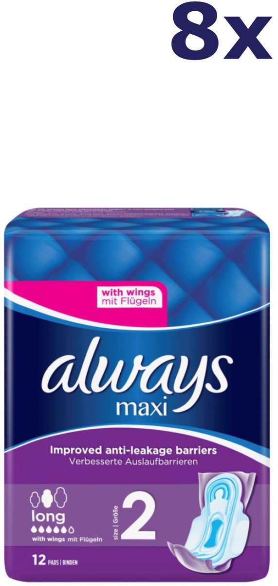 8x Always Maxi maandverband lang met vleugels 12s