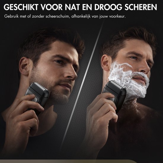 Man met scheerapparaat. Links droog geschoren, rechts met scheerschuim.