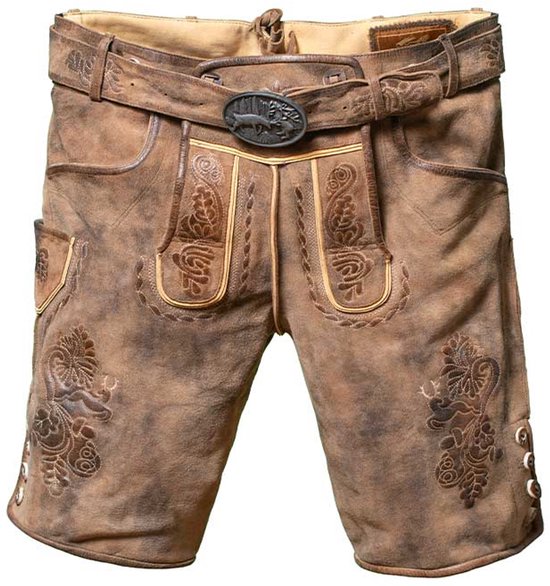 Tannhauser Lederhose Lech Short avec Riem et Bretelles 100 % cuir de chèvre de Premium Oktoberfest pour homme - Cuir de chèvre - Taille XS/ 46