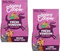 Twee Edgard & Cooper zakken, een voor medium en een voor grote volwassen honden, met hert en eend.