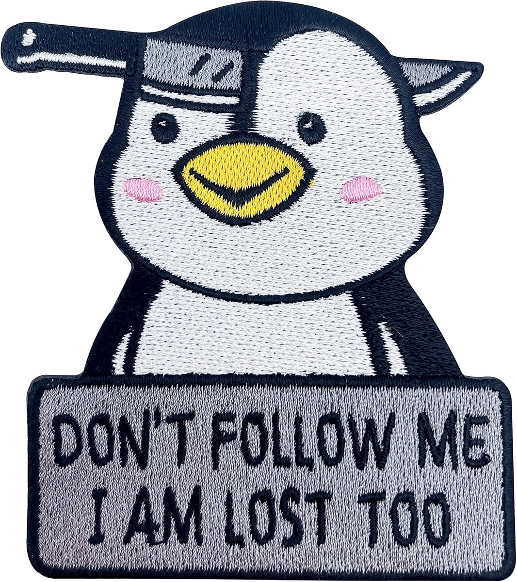 Opstrijkbare Patch met Pinguïn en Tekst 'Don't Follow Me I Am Lost Too')