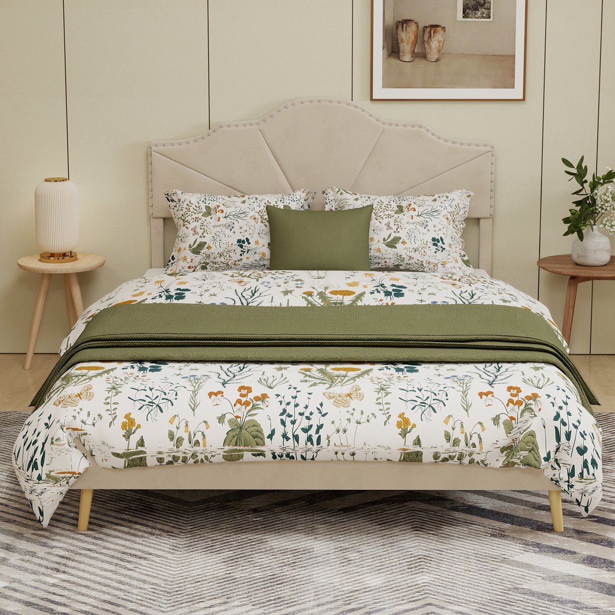 Wishdor Gestoffeerd Bedframe – 160 x 200 cm – Geometrisch Hoofdbord met Nagelbeslag – Stof en Metaal Beige – Lattenbodem met Vochtbescherming – Zachte Hollandse Wol – Stijlvol voor Moderne Slaapkamer – Eenvoudige Montage