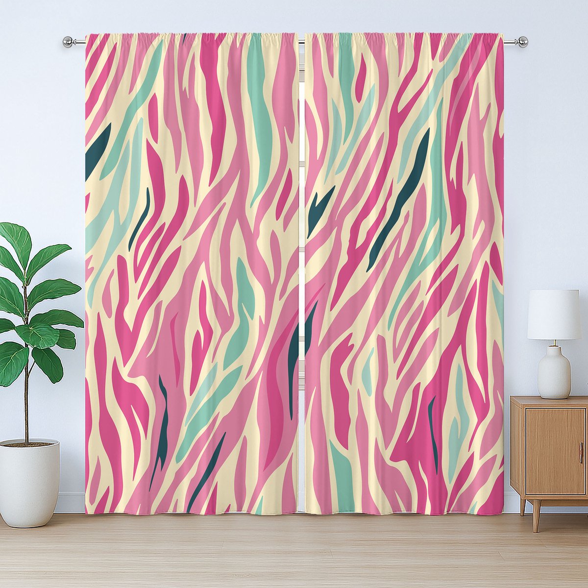 ABAKUHAUS Roze Zebra Rustiek Gordijn, Funky Pastel Strepen, met Bandjes voor de Woonkamer met Lussen en Haken, 280 x 225 cm, Multicolor