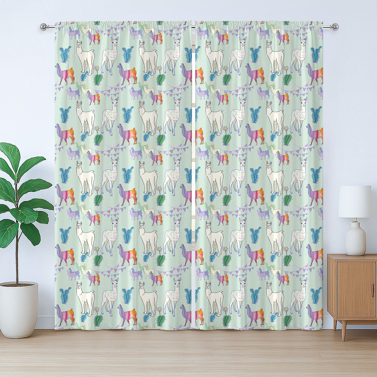 ABAKUHAUS Rustiek Lama Gordijn, Alpaca Kudde en Cactussen Afbeelding, Gordijn met Plissébanden, Lussen en Haken, 280 x 245 cm, Mintgroen en Multicolor