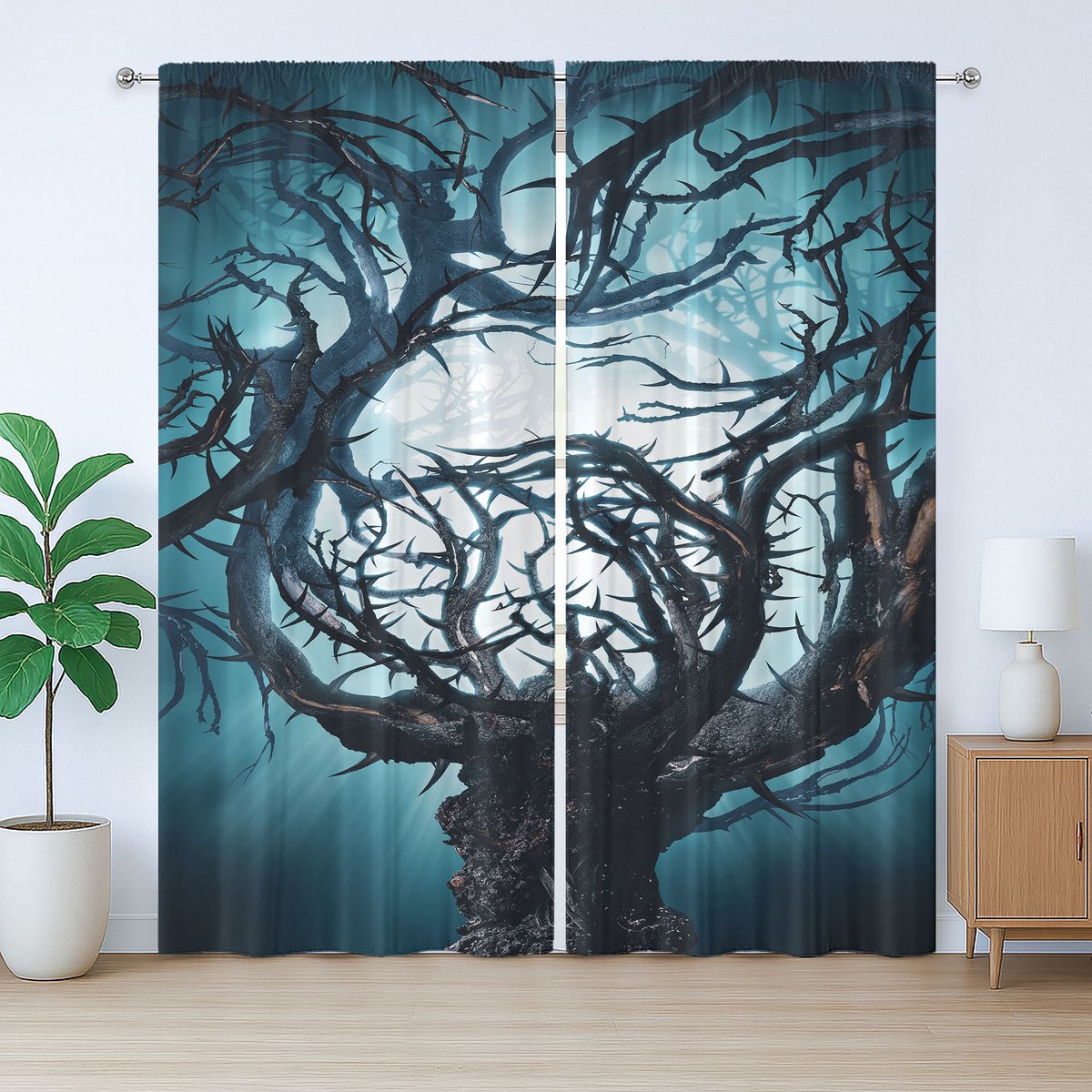 ABAKUHAUS Fantasy Rustiek Gordijn, Nacht Grote Mystieke Boom, Slaapkamergordijn met plooien, lussen en haken, 280 x 225 cm, Teal Wit