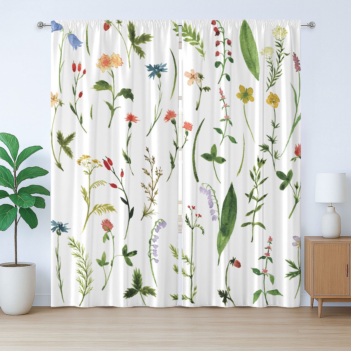 ABAKUHAUS Kleurrijk rustiek gordijn, bloemen en onkruid, met lussen en haken voor de woonkamer, 280 x 175 cm, groen wit meerkleurig