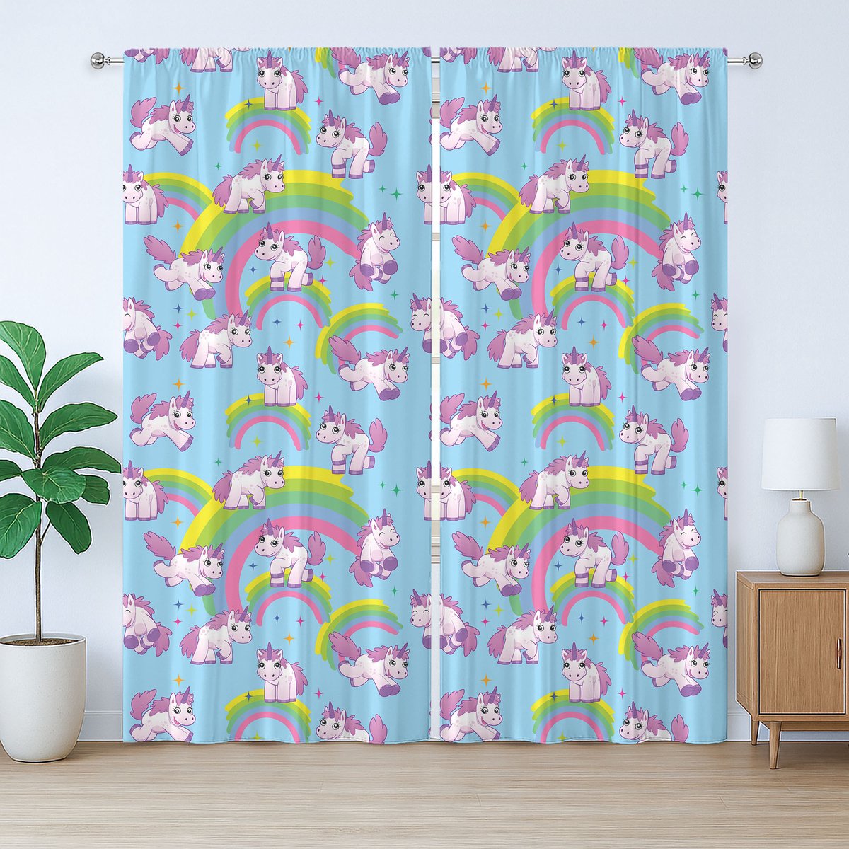ABAKUHAUS Eenhoorn Rustiek Gordijn, Cartoon Kinderlijk, Geplooid Gordijn met Lusjes en Haken voor de Slaapkamer, 280 x 260 cm, Multicolor