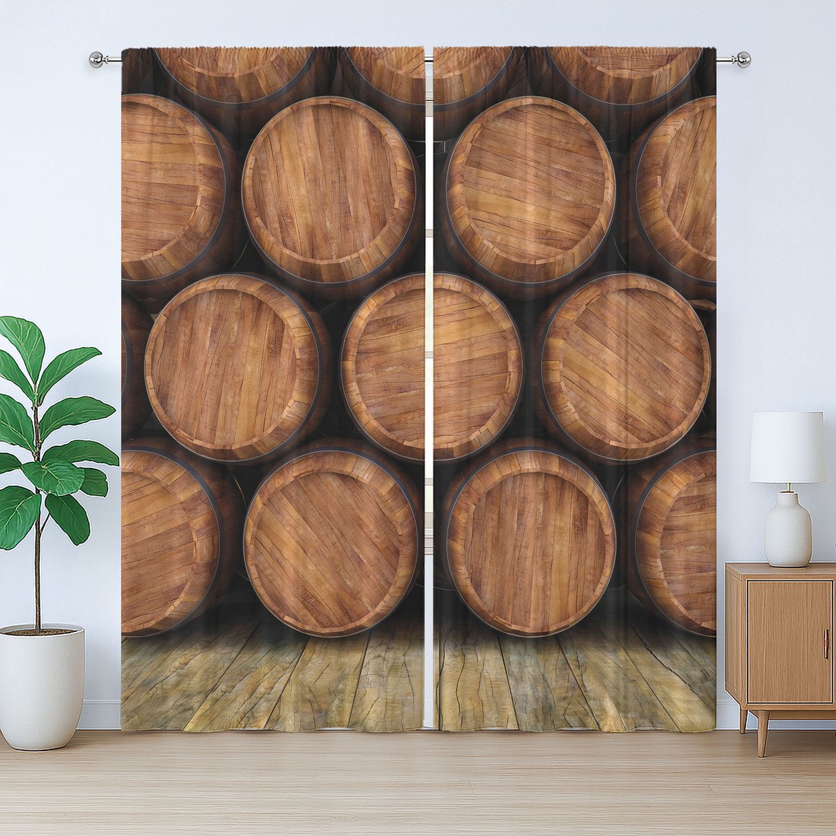 ABAKUHAUS Rustiek Wijngordijn, Wand van Houten Vaten, Universele Gordijnen met Bandjes, Lussen en Haken voor de Woonkamer, 280 x 225 cm, Bruin