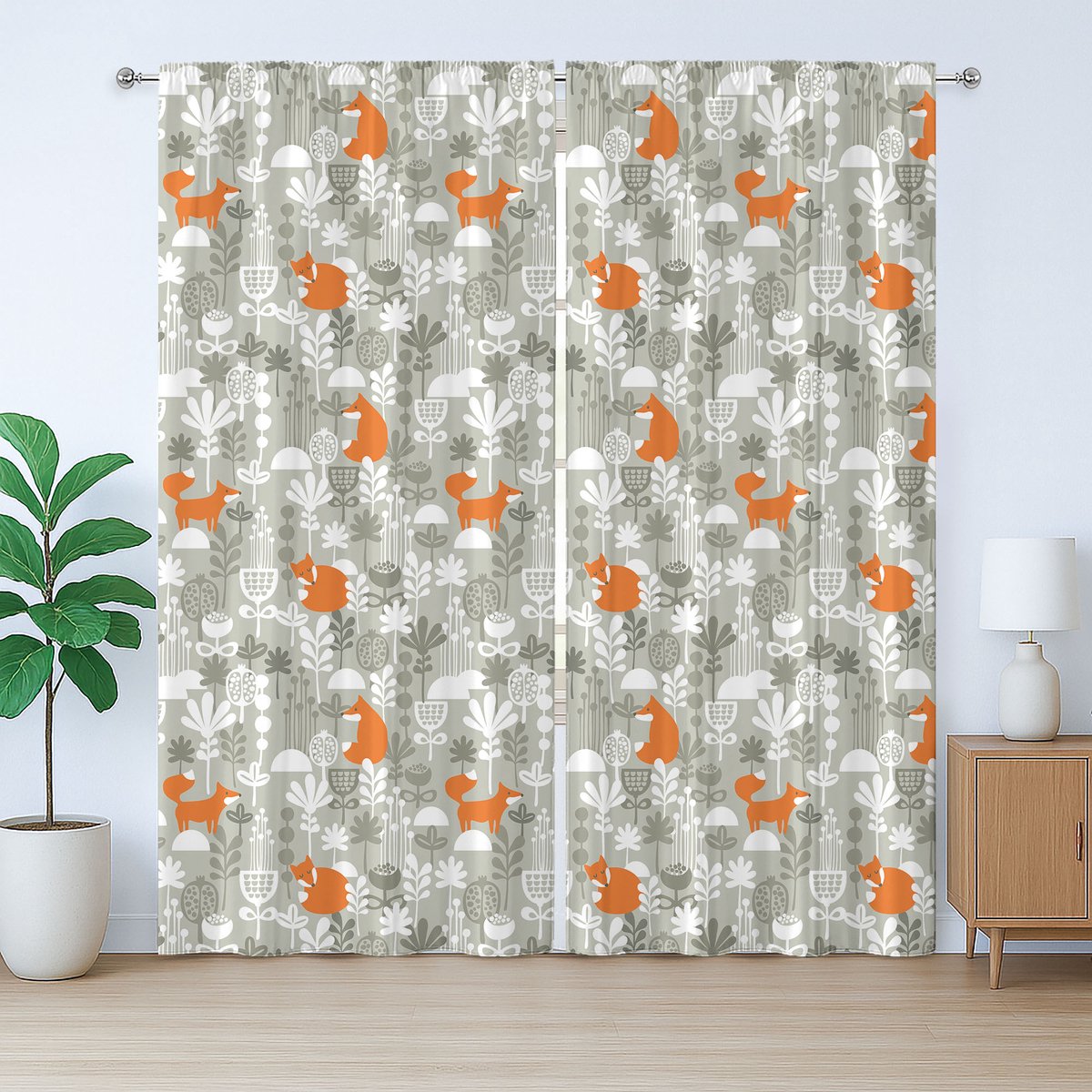 ABAKUHAUS Rustiek vossengordijn, cartoon kinderkamerbloemen, met lussen en haken voor de woonkamer, 280 x 260 cm, oranje licht saliegroen