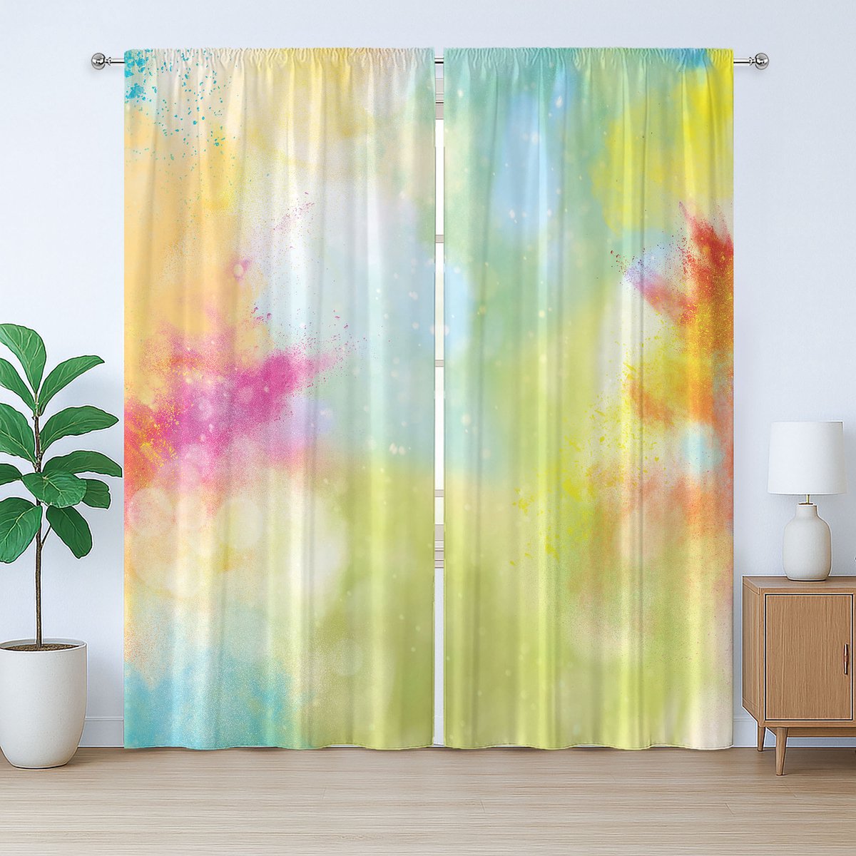 ABAKUHAUS Kleurrijk rustiek gordijn, bewolkte melkweg boho, slaapkamergordijn met lussen en haken, 280 x 175 cm, groen geel violet