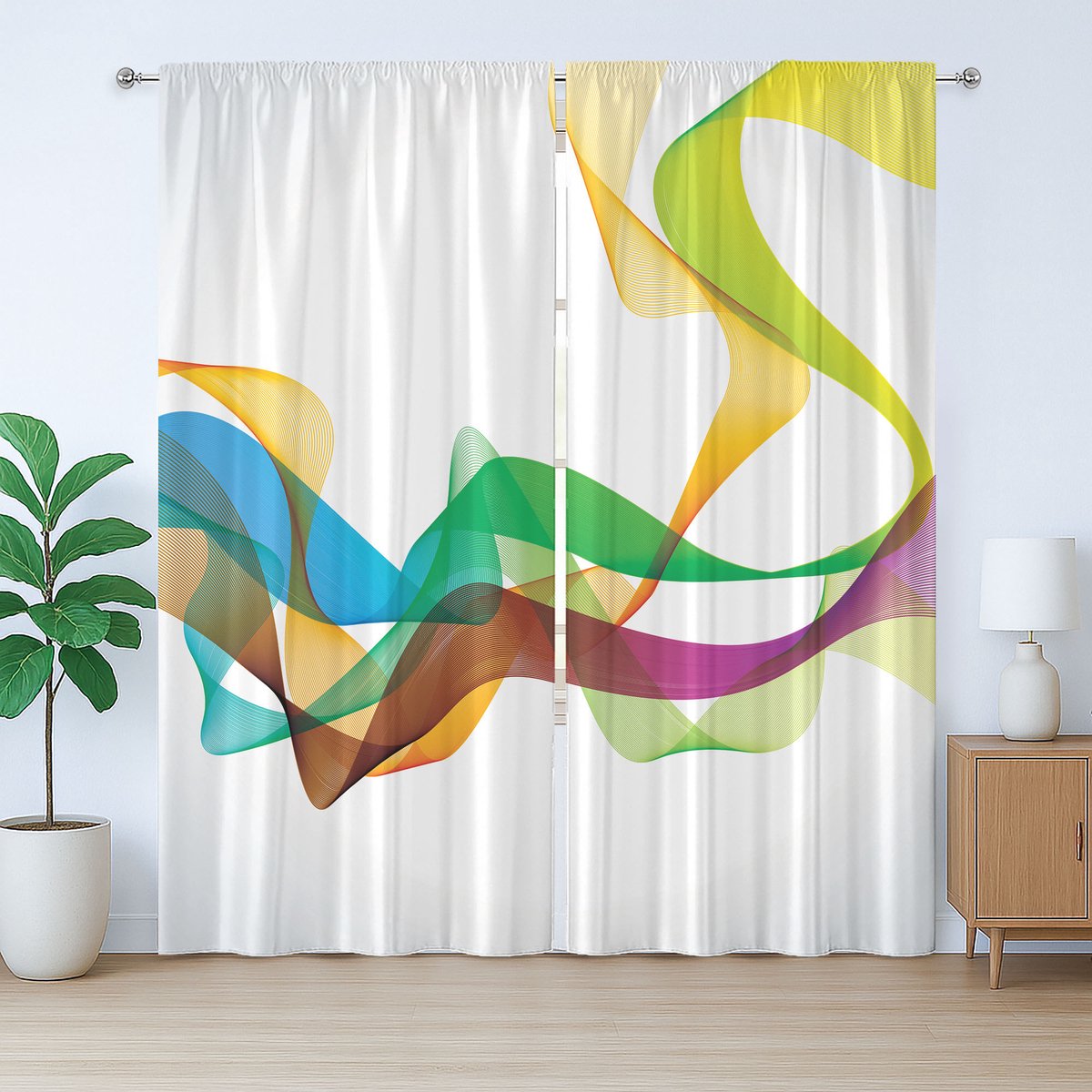 ABAKUHAUS Abstracte rustieke gordijnen, golvende linten in regenboogkleuren, met lussen en haken voor de woonkamer, 280 x 225 cm, veelkleurig