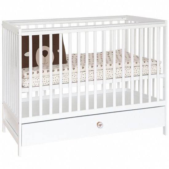 DODO 2-in-1 Babybed & Peuterbed 120x60 – Met Opberglade & Bijtstrips – Verstelbaar in 3 Hoogtes – Massief Hout – Scandinavisch Design – Wit