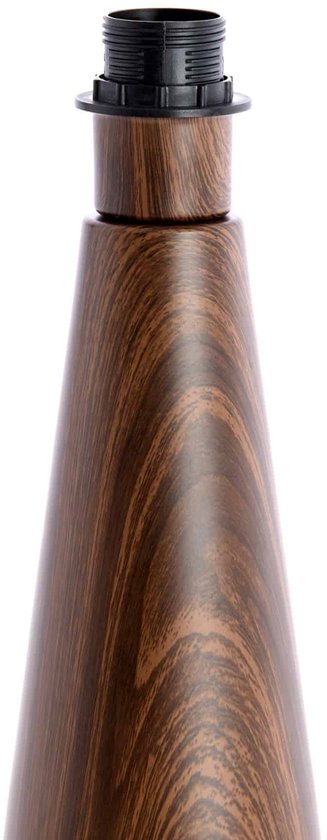 Dessus d'une base de lampe conique marron à motif grain de bois, avec la douille de l'ampoule.