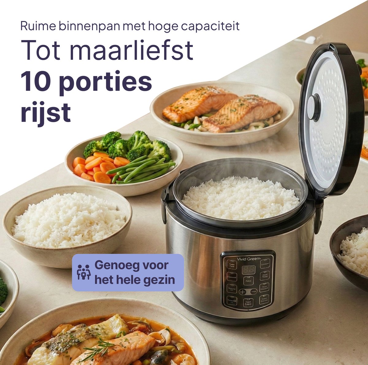 Rijstkoker met Stomer - 1.8L - Slowcooker met Timer - 10 Porties - Multicooker - Rice Cooker - RVS - Vivid Green – foto 3