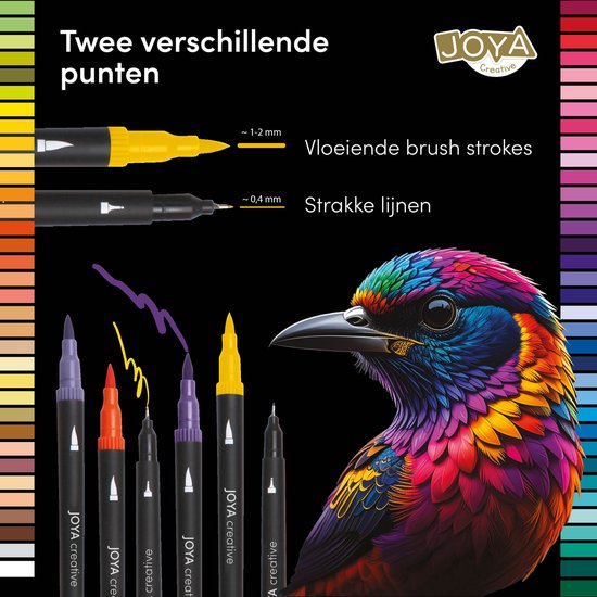 Een gele brushpen met dikke punt (1-2 mm) en een zwarte fineliner (0,4 mm). Vier pennen met gekleurde lijnen.