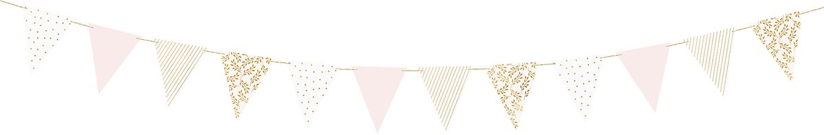 PARTYDECO - Roze en witte kartonnen vlaggenlijn 18 x 210 cm met gouden motieven