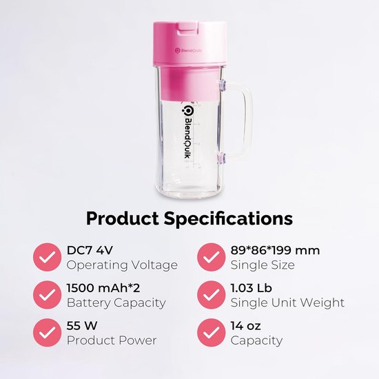 Draagbare Blender - Mini Shaker - Maak Smoothies - Oplaadbaar USB-C - 14oz Capaciteit - Roze van Merkloos — afbeelding 4