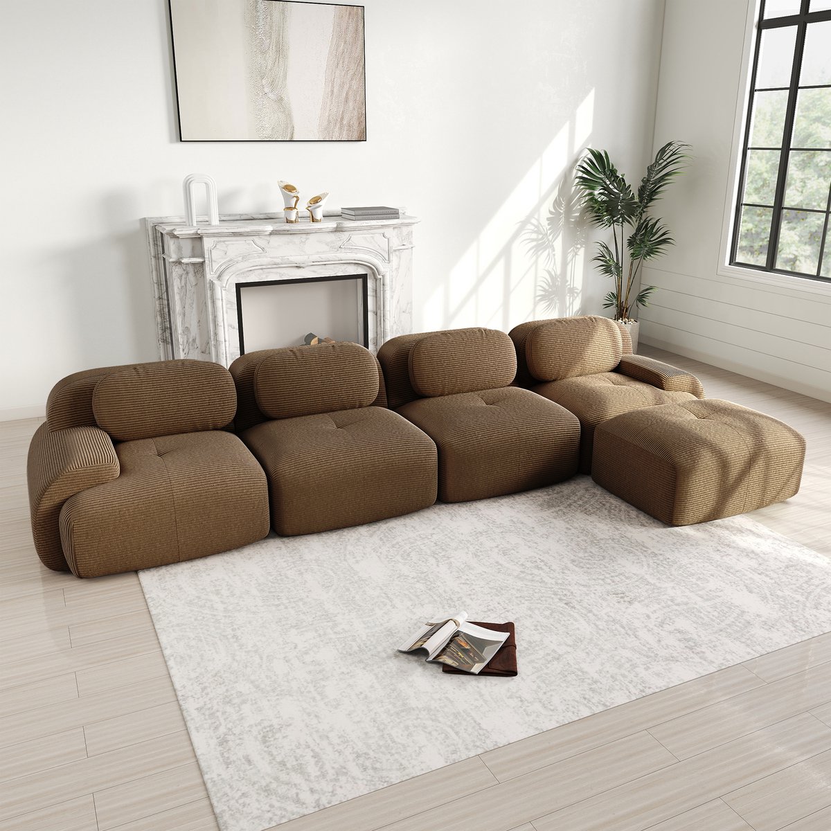 MODFU Modulaire Hoekbank - Frameloos En Antislip - Minimalistisch - Ribfluweel - Bruin