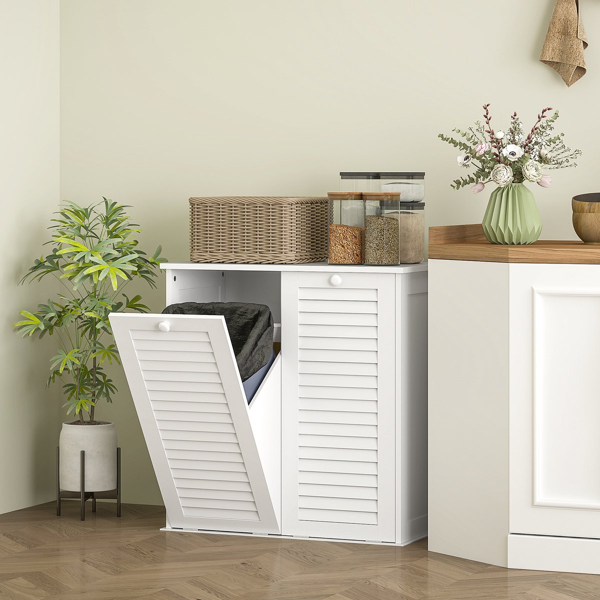 REDOM - Badkamerkast - 2 Kantelbare Wasmanden - Lameldeuren - Badkamer - MDF - Wit - 70 X 38 X 73 Cm