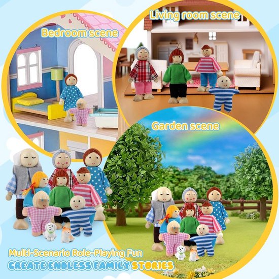 Houten poppenfamilie in verschillende scènes: slaapkamer, woonkamer, tuin. Multi-scenario rollenspelplezier.