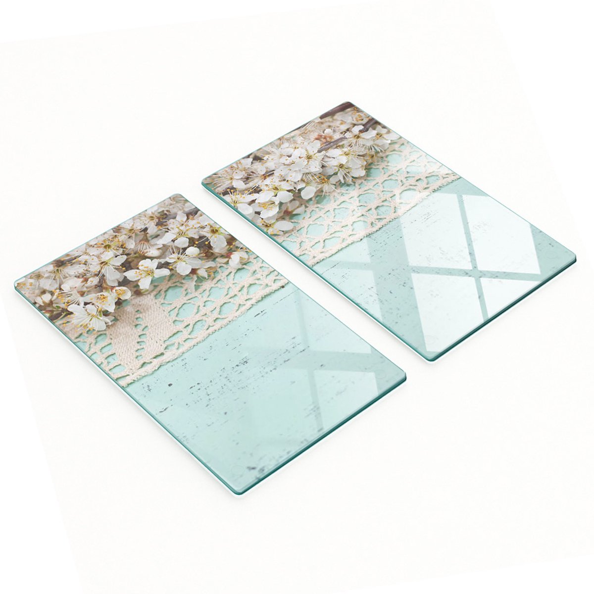 Twee decoratieve snijplanken van gehard glas met kersenbloesemmotief, 2x30x52 cm